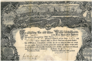 Eine alte deutsche Banknote mit einer Stadtansicht, Text und zusätzlichen Bildern, die ihr ein klassisches und zeitloses Aussehen verleihen.