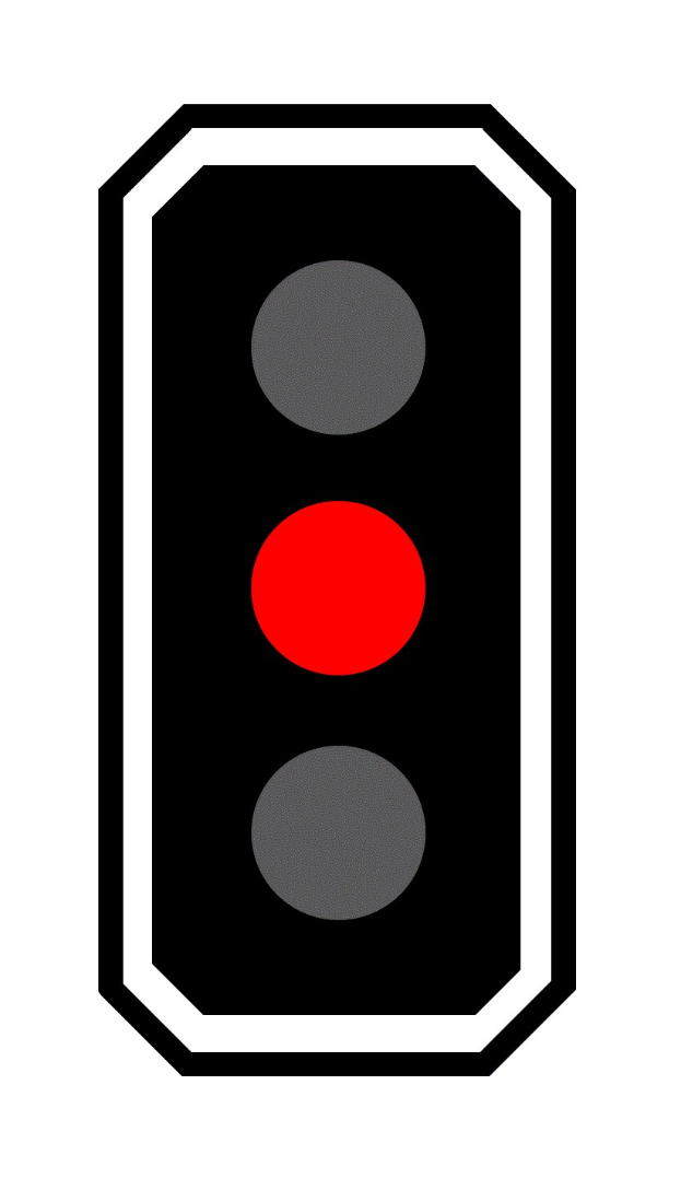 Schwarz-weißer Ampel mit allen drei Lichtern rot beleuchtet.
