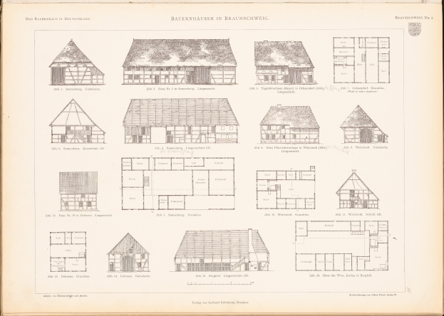 Ein offenes altes Buch zeigt Architekturhauspläne und Zeichnungen mit begleitendem Text.