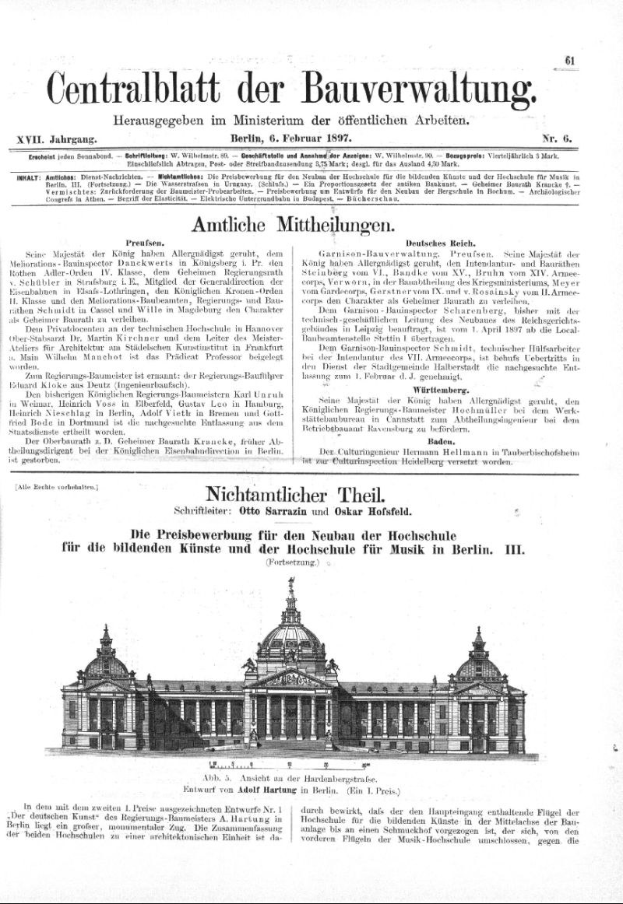 Schwarz-weißes Bild einer deutschen Zeitungsvorderseite vom 6. Februar 1897 mit einer prunkvollen Gebäudeillustration und einem großen Eingang sowie mehreren Fenstern, umgeben von dekorativen Textbordüren.