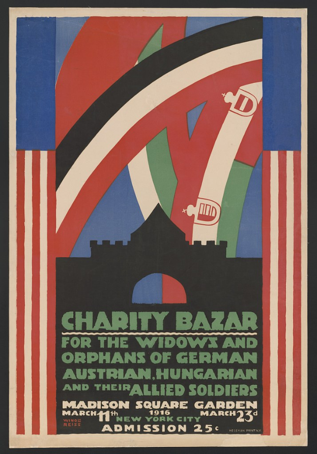 Plakat für den Wohltätigkeitsbasar der Witwen und Waisen deutscher, australischer, ungarischer und alliierter Soldaten, mit Text zu den Einzelheiten des Ereignisses.