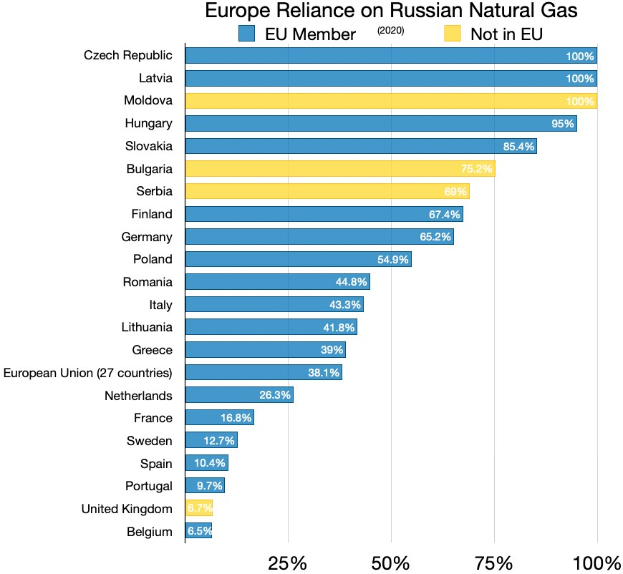 Eine Balkendiagramm-Illustration der Abhängigkeit Europas von russischem Erdgas, mit Prozentangaben und Text, der Investitionsniveaus angibt.
