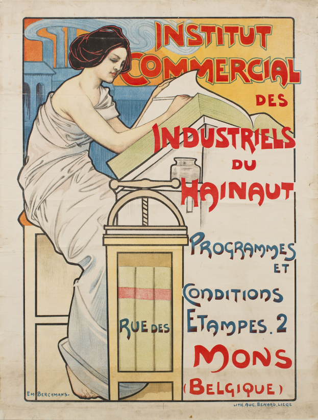Plakat, das das Institut Commercial des Industriels du Hainaut bewirbt, mit einer Frau, die an einem Tisch sitzt und ein offenes Buch hält, sowie Text, der Details über das Institut enthält.