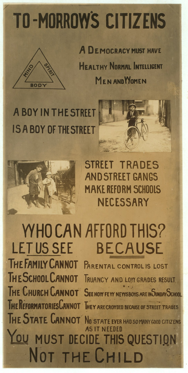 Ein Plakat mit Text und Bildern von Menschen, darunter einer, der ein Fahrrad fährt, mit der Aufschrift "Morgen's Citizens: A Boy in the Street is a Boy of the Street".