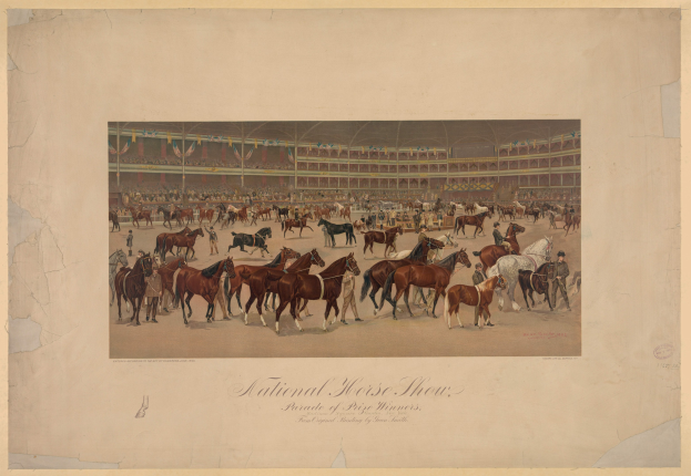 Gemälde einer Nationalen Pferdeshow mit Reitern in traditioneller Kleidung auf Pferden verschiedener Farben in einem Stadion mit Zuschauern und schwingenden Flaggen.