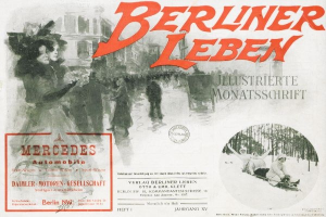 Eine Werbung für einen Mercedes-Benz PKW in Berlin, Deutschland, mit einer Gruppe von Menschen, Bäumen, Gebäuden, Text und einem Stempel.