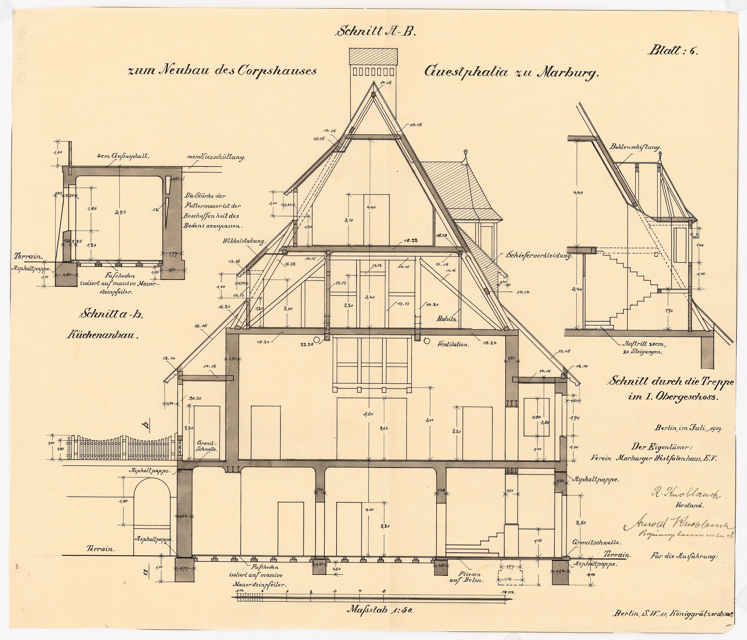 Schwarze-weiß-Zeichnung eines Hauses mit zahlreichen Fenstern und einem Dach, beschriftet als erstes Haus in Deutschland, begleitet von detaillierten Bauplänen und Text.