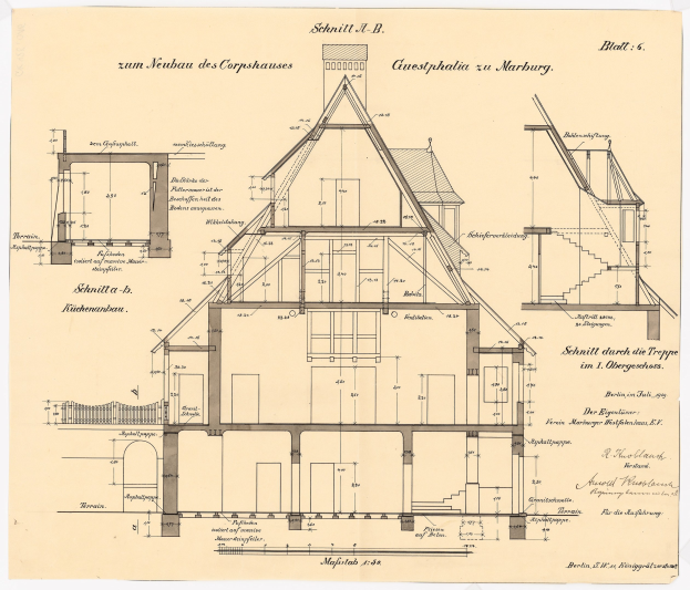 Schwarze-weiß-Zeichnung eines Hauses mit zahlreichen Fenstern und einem Dach, beschriftet als erstes Haus in Deutschland, begleitet von detaillierten Bauplänen und Text.