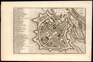 Ein alter Stadtplan von München, Deutschland, auf einem schwarzen Hintergrund, der Straßen, Gebäude und Sehenswürdigkeiten mit Texten zeigt.