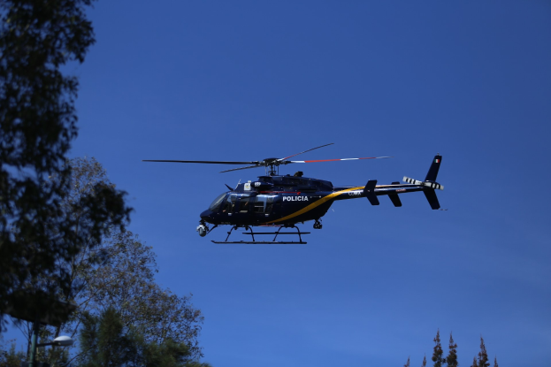 Polizeihubschrauber fliegt in einem blauen Himmel mit Bäumen im Vordergrund und einem Lichtmast auf der linken Seite.