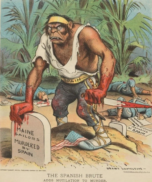 Karikatur eines Mannes mit einem Messer, der über einem Grab mit Text steht, umgeben von liegenden Menschen und Bäumen, mit der Unterschrift "Der spanische Grobian fügt Verstümmelung dem Mord hinzu" unten.