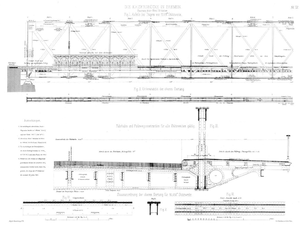 Eine detaillierte Zeichnung einer Brücke, einschließlich der Kaiserbrücke in Bremen, begleitet von Text auf demselben Papier.