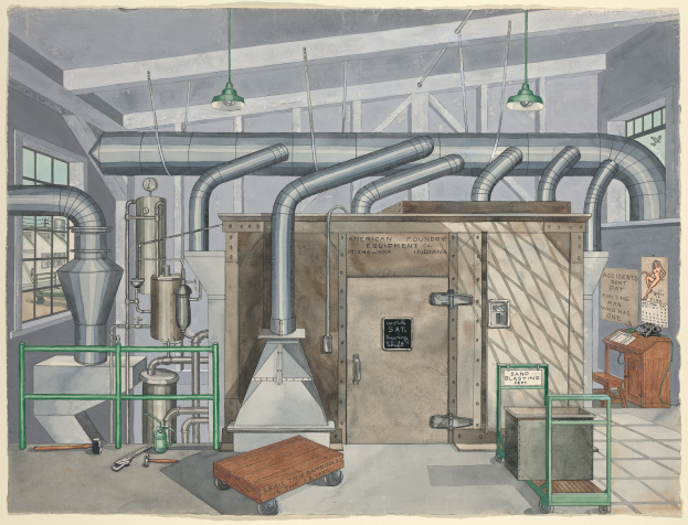 Eine detaillierte Strichzeichnung eines Fabrikinneren mit industrieller Maschine, Rohren, einem Wagen, Möbeln, Fenstern, Deckenlampen und einem Schild mit der Aufschrift "American Foundry Equipment Co, Indiana".