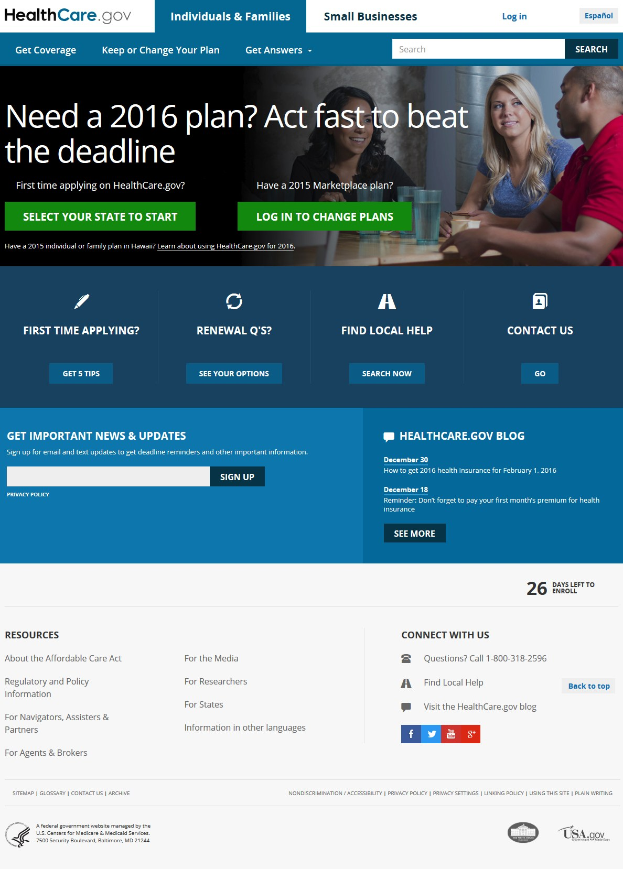 Website-Hauptseite von Health Care Gov mit einem Bild von Menschen um einen Tisch sitzend mit Gläsern und anderen Gegenständen, die den Titel und Informationen der Website anzeigen.