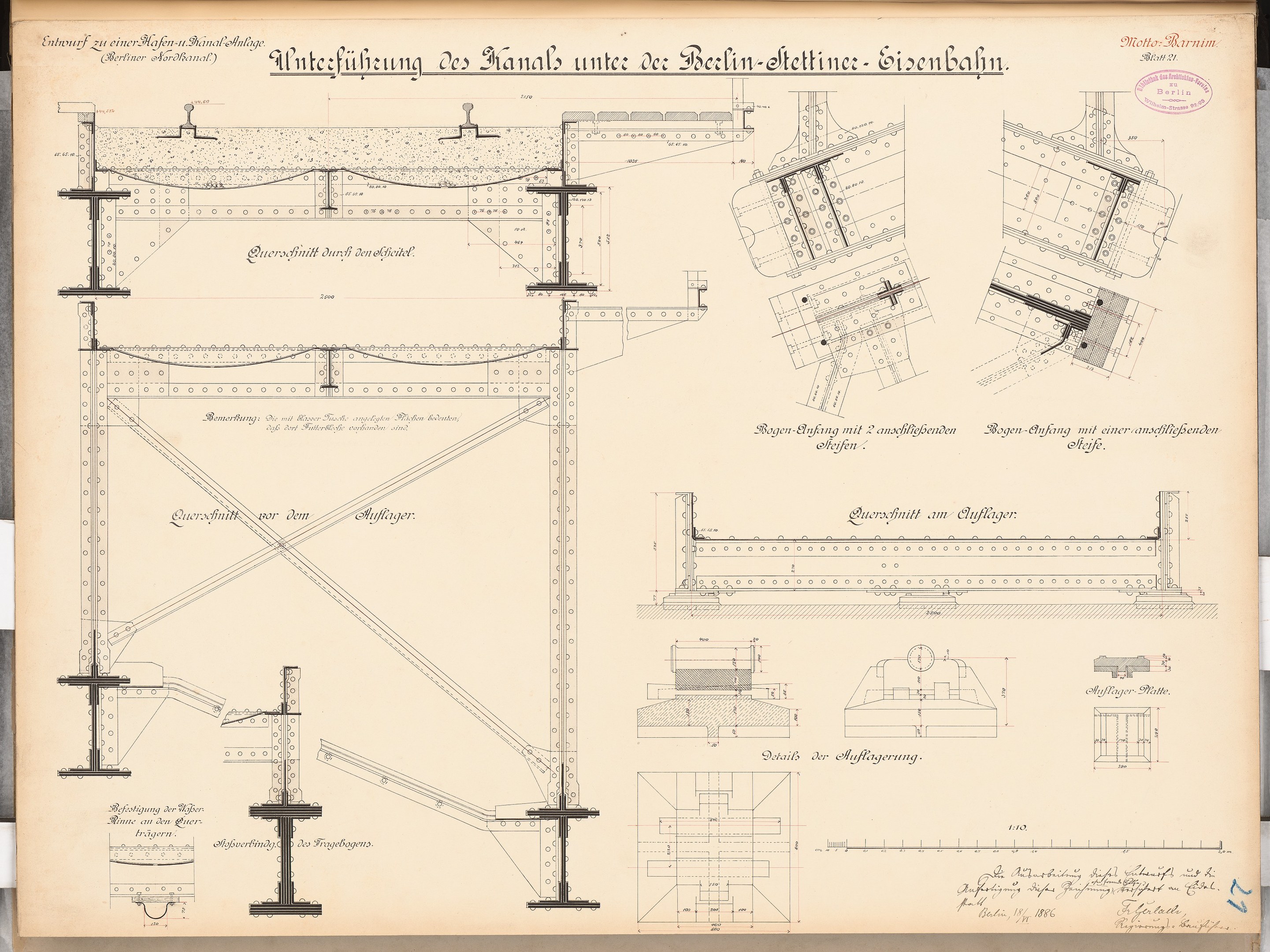 Ein detailliertes architektonisches Zeichnung des Berlin-Sienbahn-Brücken, mit strukturellen Plänen und Anmerkungen auf Papier.