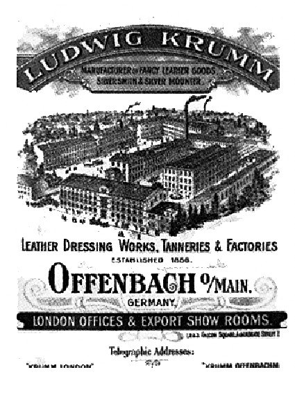 Schwarze und weiße Anzeige für Ludwig Krumm Lederpflegewerke, die ein Gebäude mit Text darauf zeigt.