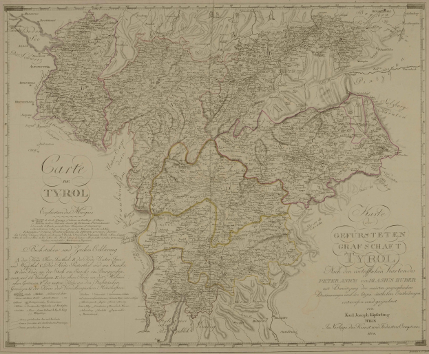 Alte detaillierte Landkarte von Tirol, Deutschland, mit Städten, Dörfern, geografischen Merkmalen und Text mit Bevölkerungsangaben, Straßen und Sehenswürdigkeiten.