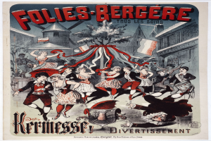 Ein Plakat für das Folies-Bergère-Festival in Paris, Frankreich, das eine Gruppe tanzender Menschen im Vordergrund zeigt, umgeben von Gebäuden, Flaggen und einem Baum, sowie französischem Text oben und unten.
