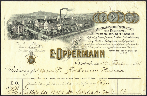 Alte deutsche Banknote mit einer Fabrik, Gebäuden, Bäumen und Rauch, mit Text und numerischen Markierungen.