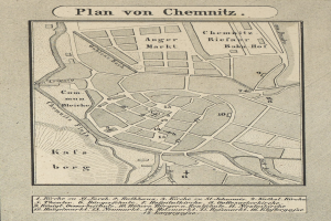 Detailierte Papierkarte von Chemnitz, Deutschland, zeigt Straßen, Gebäude und Sehenswürdigkeiten mit handgeschriebenem Text.