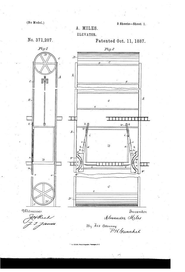 Schwarz-weißes Patentbild einer Maschine mit einem prominenten Rad, beschriftet mit "US Patent 3711207", das detaillierte Komponenten einschließlich eines Motors und anderer mechanischer Teile auf einem weißen Hintergrund zeigt.