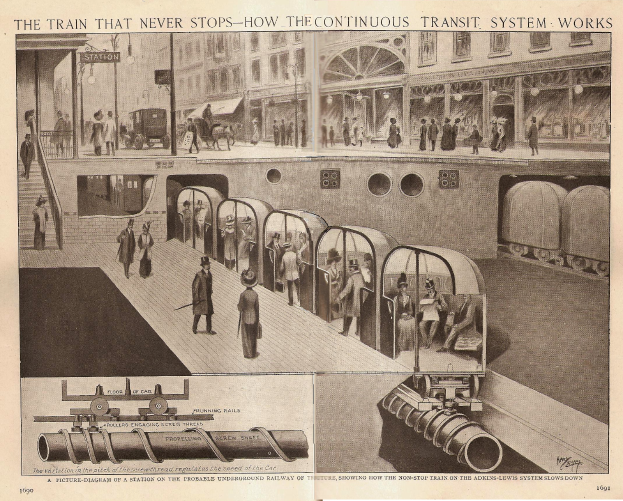 Ein Blatt mit Bildern von Menschen, Zügen und anderen Gegenständen sowie dem Text "Der Zug, der nie aufhört - wie das durchgängige Transportsystem funktioniert".