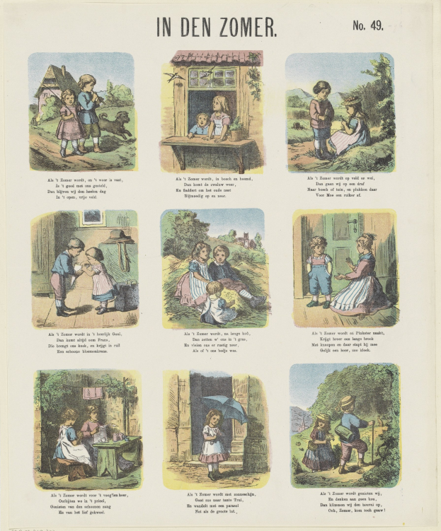 Ein buntes Kinderbild von spielenden Kindern in einem üppigen Garten mit unterhaltsamem Text darunter.