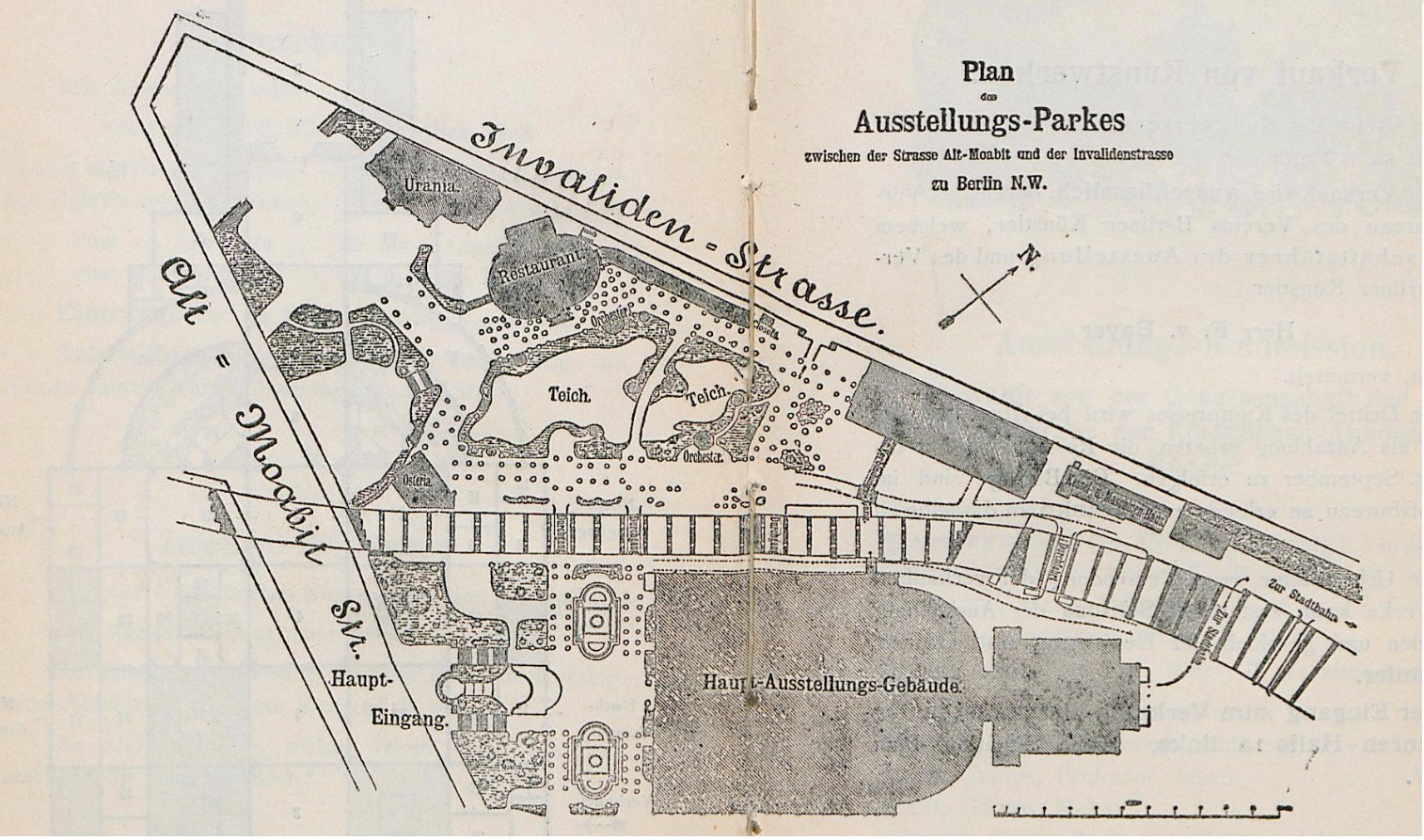 Ein altes, vergilbtes Stadtplan von Berlin, Deutschland, mit einem detaillierten Plan des Ausstellungs-Parkes in der Mitte, auf altem Papier mit sichtbarem Text gedruckt.
