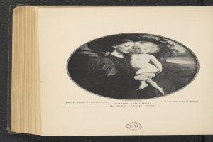 Ein aufgeschlagenes Buch mit einem Bild einer Frau, die ein Baby hält, beide mit warmherzigen und liebevollen Gesichtern, und der Text "Mutter und Kind" auf der Seite.