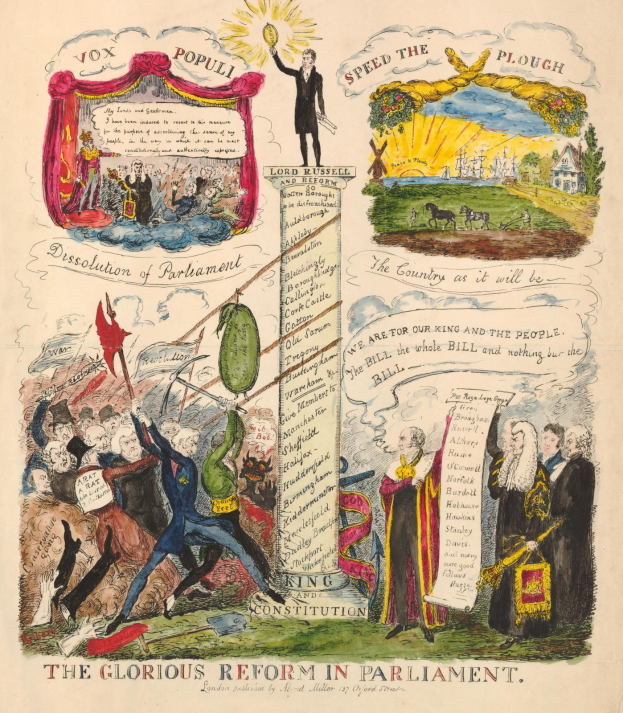 Eine farbenfrohe Papierillustration mit dem Titel "Die glorreiche Reform im Parlament", die mutige Texte, verschiedene fröhliche Menschen und detaillierte Symbole für Fortschritt und Hoffnung zeigt.