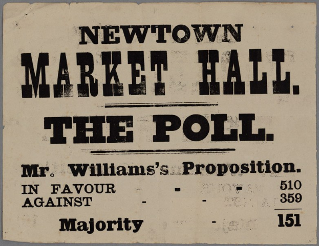 Papier mit handgeschriebenem Text "Newtown Market Hall, die Wahl, Mr. Williams' Proposition für gegen Mehrheit".
