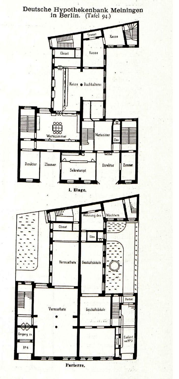 Schwarzes und weißes architektonisches Grundrissbild der Hypothenbank Meiningen in Berlin, das detaillierte Raumaufteilungen, Fenster, Türen und strukturelle Merkmale zeigt.