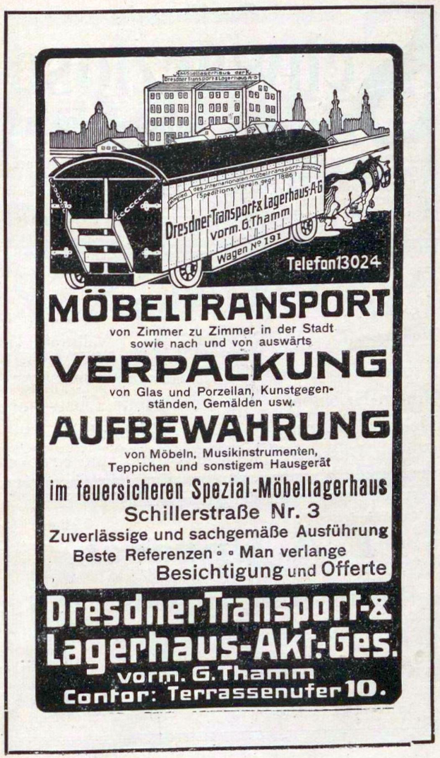 Anzeige für eine Bahn mit einem Bild einer Bahn, Text 'Dresdner Transport & Lagerhaus-Akt-Ges' und Gebäuden im Hintergrund.