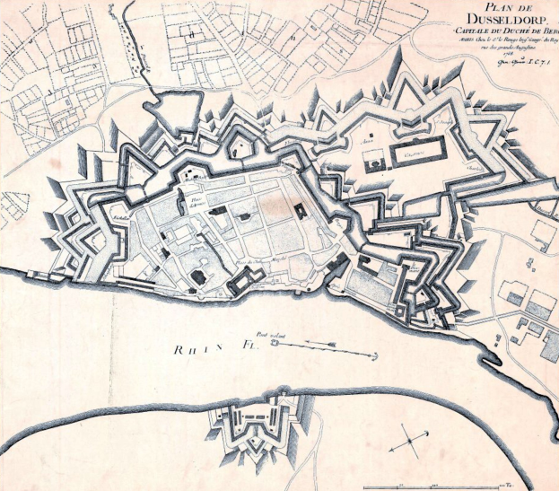 Detailierte Straßenkarte von Düsseldorf, Deutschland, mit Straßen, Gebäuden, Sehenswürdigkeiten und Text mit Bevölkerungszahl, Geschichte und kulturellen Informationen.