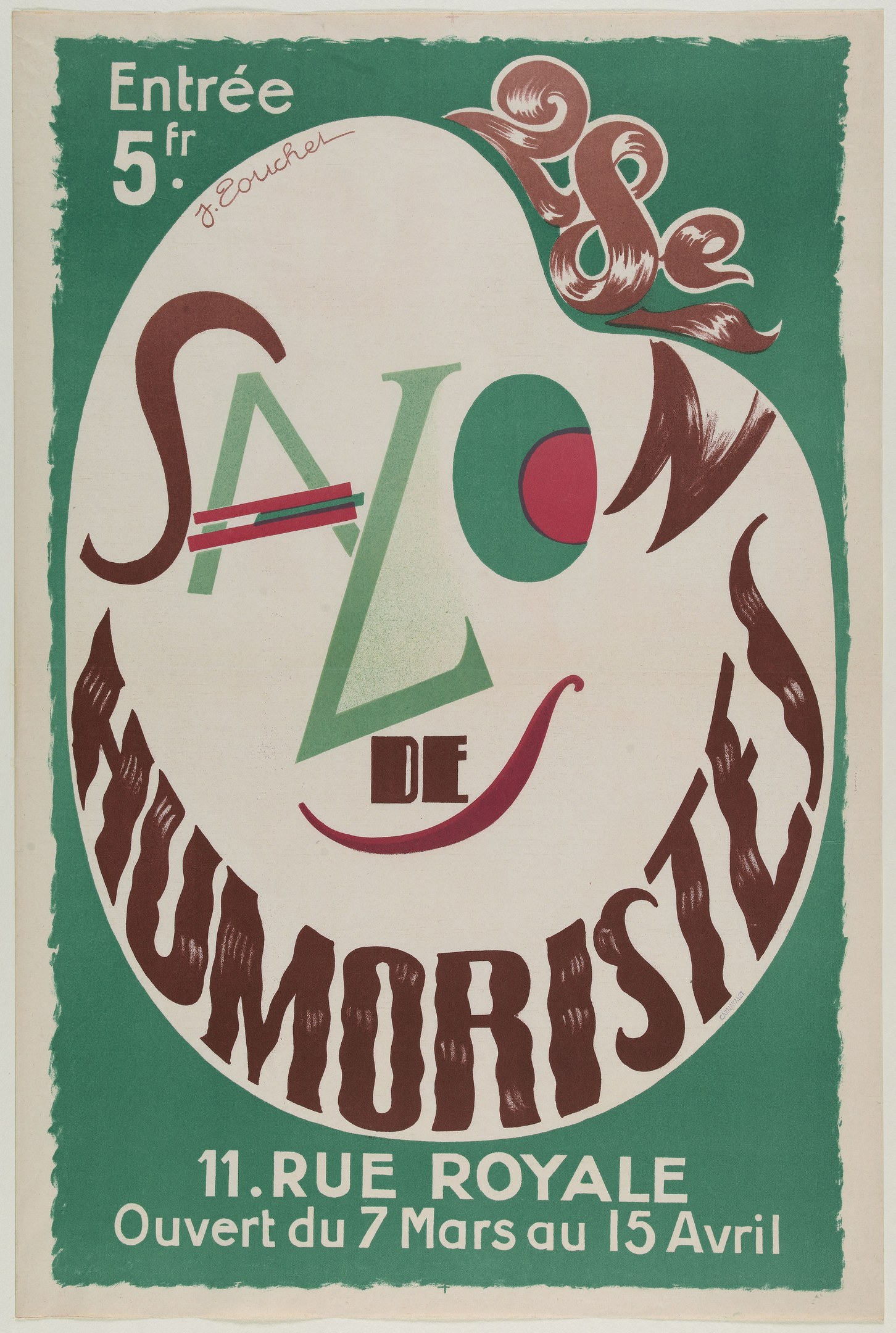 Plakat, das eine Humoristenvorstellung in Paris, Frankreich, ankündigt und Text, der die Angebote beschreibt.