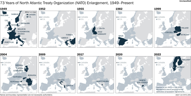 Karte veranschaulicht die Erweiterung der NATO von 1949 bis heute, wobei die Regionen farblich nach dem Jahr des Beitritts codiert sind und ein Titel die Zeitlinie erklärt.