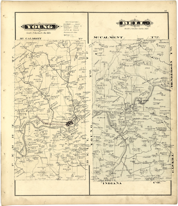 Detailiertes altes Stadtplan von Young, Indiana, zeigt Straßen, Gebäude und Sehenswürdigkeiten.