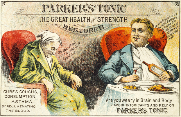 Werbung für Parker's Tonic mit zwei Personen an einem Tisch mit Essen, eine hält eine Flasche und ein Glas, und Text, der es als Gesundheit- und Stärkungsmittel bewirbt.