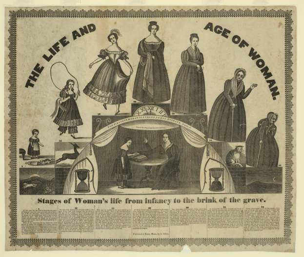 Eine bunte Papierreproduktion, die verschiedene Lebensphasen von Frauen von der Kindheit bis ins hohe Alter zeigt, mit kräftiger Schrift und detaillierten Elementen.