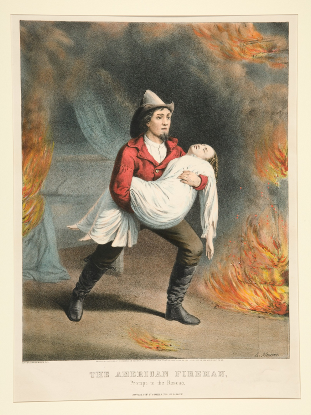 Amerikanischer Feuerwehrmann trägt eine Frau auf den Armen inmitten von Feuer und Rauch, mit Text "Der amerikanische Feuerwehrmann, schnell zur Stelle" unten.