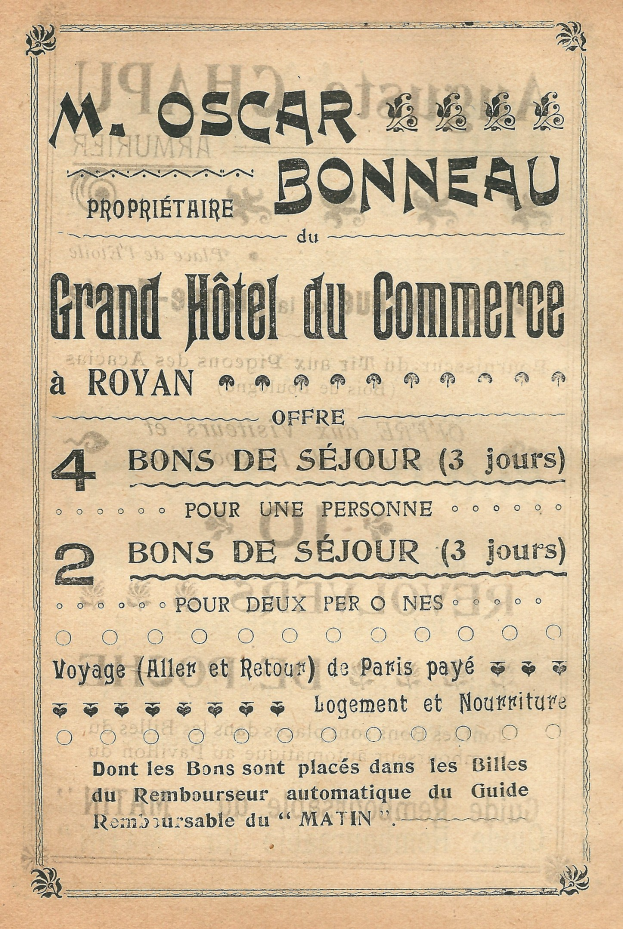Anzeige für das Grand Hotel du Commerce in Paris, Frankreich, auf altem Papier mit Text, der die Hotelangebote bewirbt.
