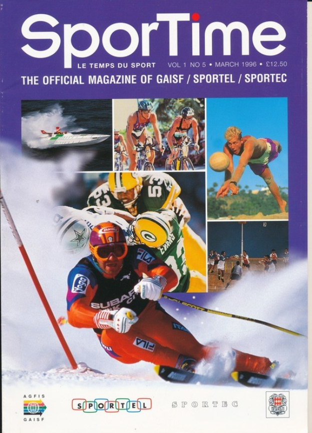 Magazinumschlag betitelt "Sporttime Magazine - März 1996" mit Bildern von Skifahren und Snowboarden sowie Text und Logos.