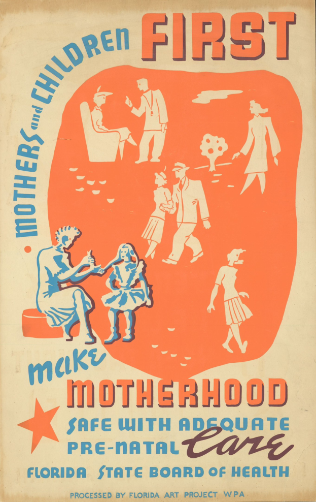 Plakat mit fetter weißer Schrift "Mutterschaft durch ausreichende Vorsorge sicher machen" auf einem hellblauen Hintergrund, das verschiedene strahlende Menschen unterschiedlichen Alters und Geschlechts zeigt, die den Betrachter anschauen.