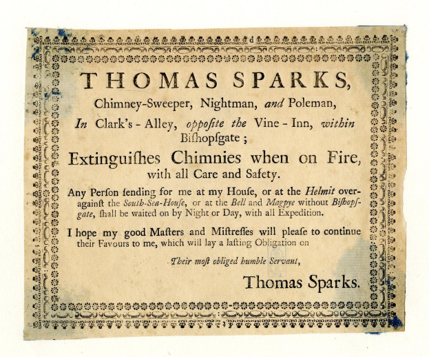 Papier mit gedrucktem Text, der die Schornsteinfegerdienste von Thomas Sparks ankündigt, einschließlich seines Titels und seines Standorts in Clark's Alley, Bishopsgate.