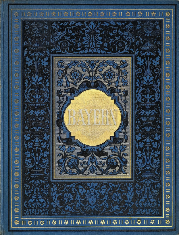 Ein blau-goldenes Buch mit dem Wort 'Bayern' auf seinem kunstvoll gestalteten Einband.