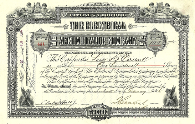 Aktienbescheinigung für die Electrical Accumulator Company mit detaillierten Designs, Texten und numerischen Angaben.