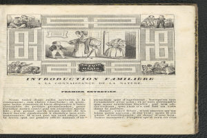 Ein aufgeschlagenes Buch auf schwarzem Untergrund mit einer Zeichnung einer Familie und Text, das die Familie vorstellt.