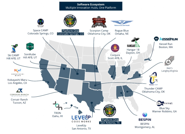 Eine Karte der Vereinigten Staaten, auf der Unternehmenslogos dargestellt sind, um das Software-├┐kosystem zu zeigen, mit begleitendem Text, der Unternehmensstandorte und -informationen beschreibt.