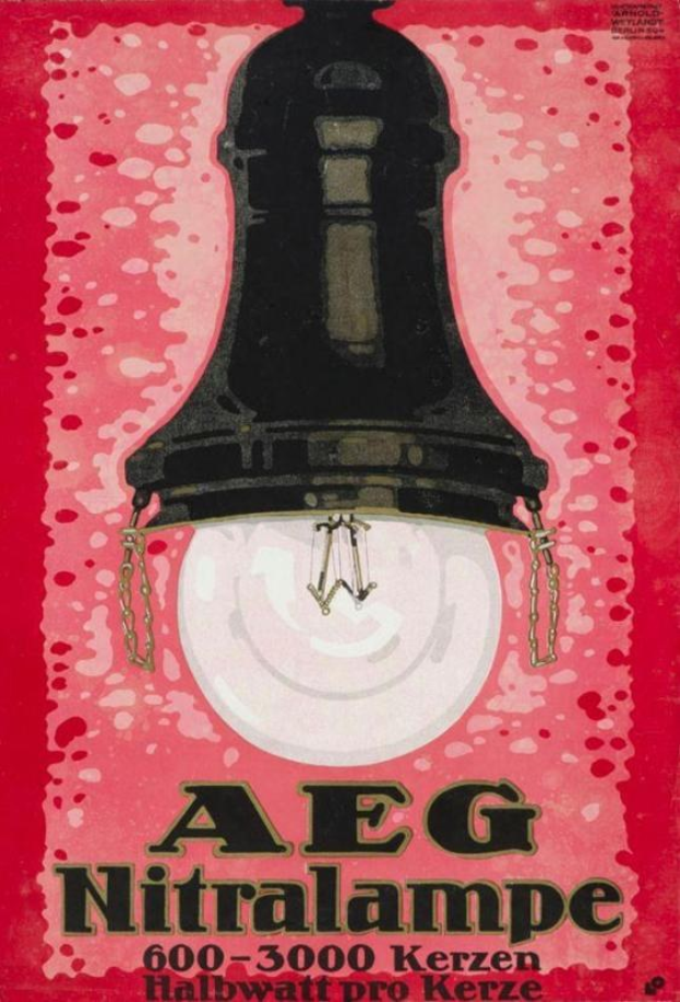 Plakat, das eine AEG Nitralampe-Glühlampe mit den Aufdrucken "600-3000 Kerzen Halbwatt Pro Kerze" anpreist.