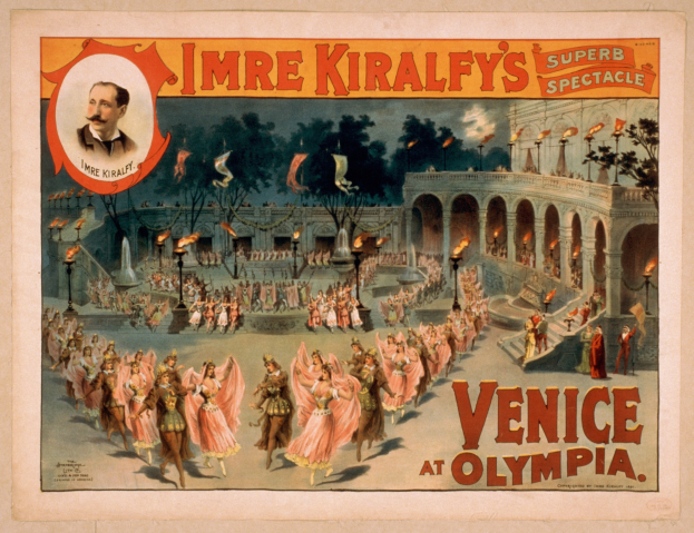 Plakatankündigung eines Klavierkonzerts in Venedig, Italien, mit einem Bild von Gebäuden, Wasser und einer Säule mit Text.